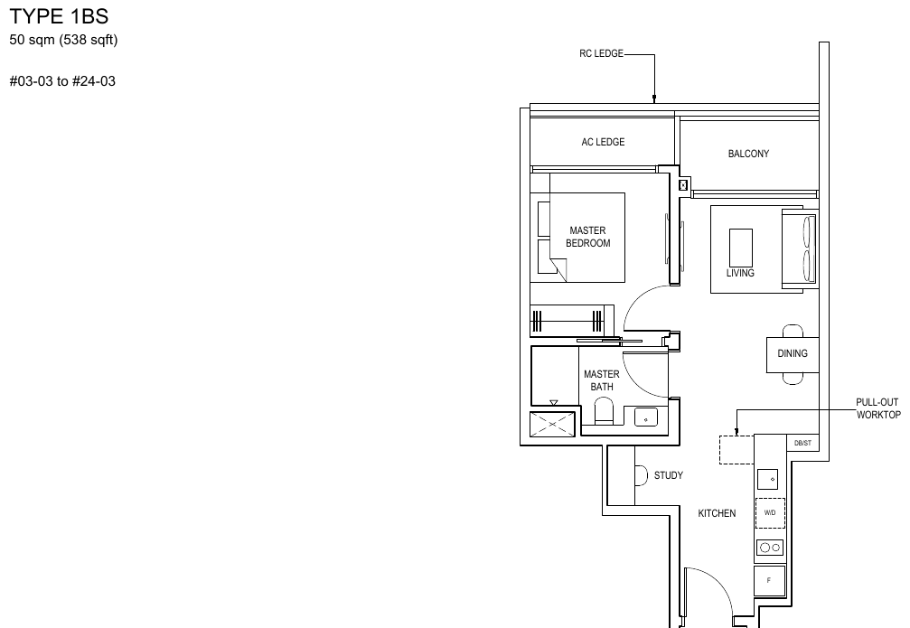 1-Bedroom + Study · Type 1BS · 538 sqft