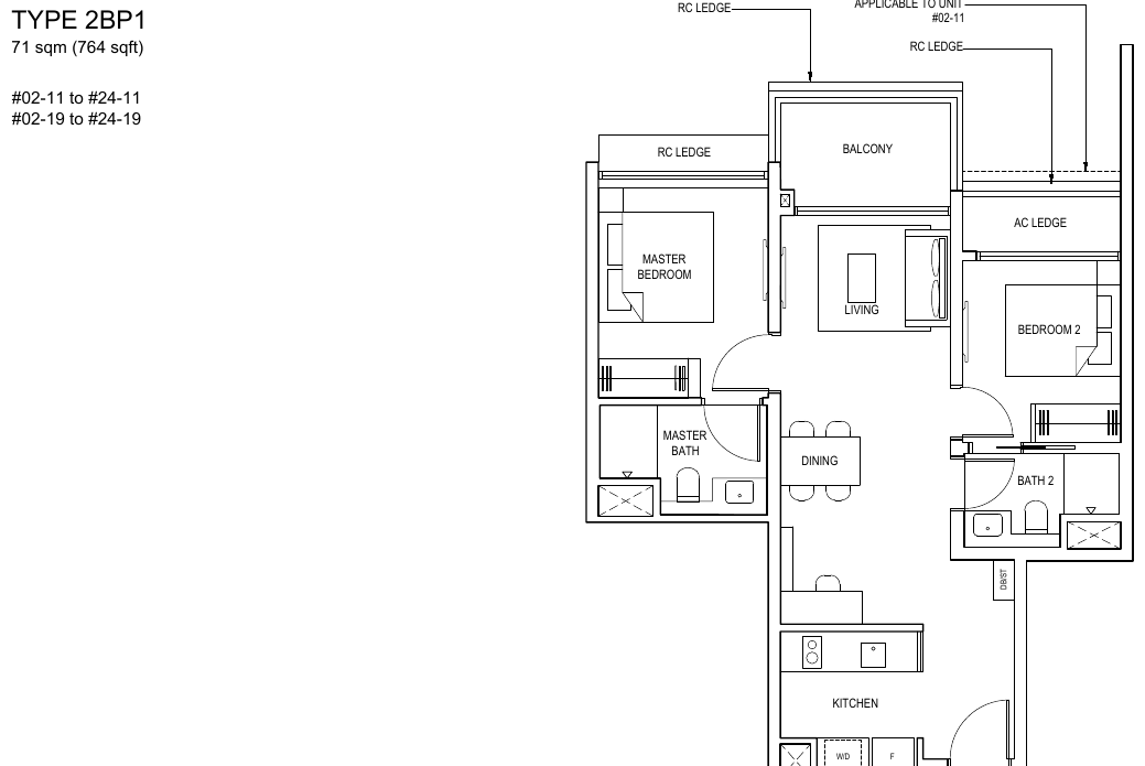 2-Bedroom Premium · Type 2BP1 · 764 sqft