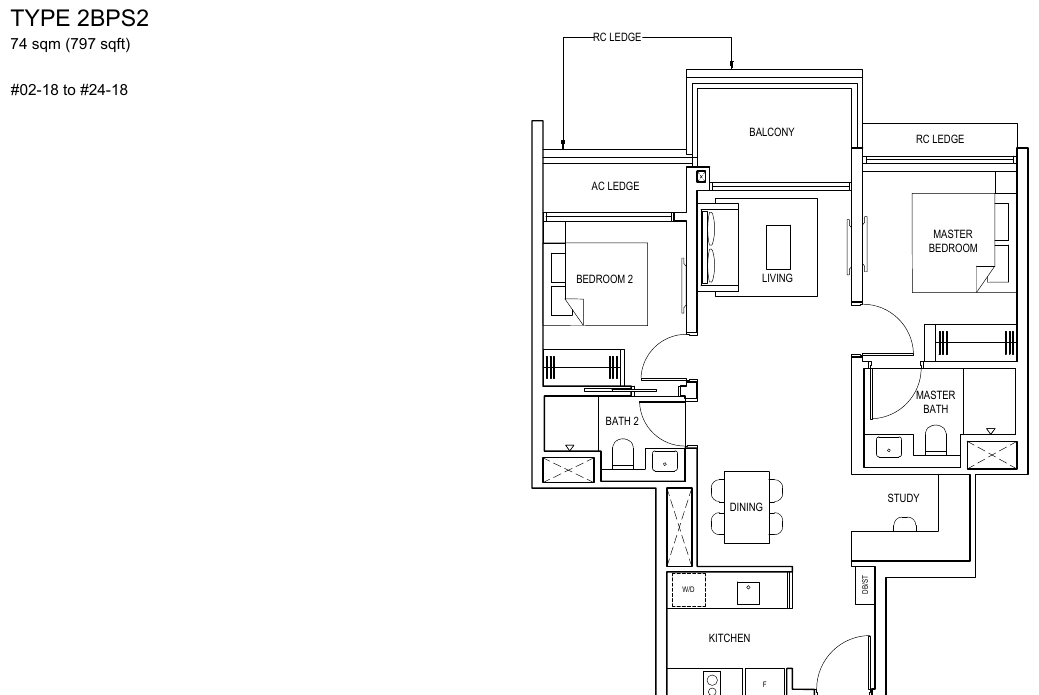 2-Bedroom Premium + Study · Type 2BPS2 · 797 sqft