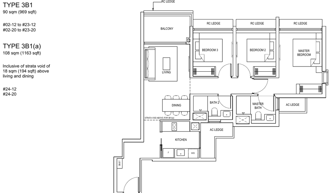 3-Bedroom · Type 3B1 · 969 sqft (3B1(a) 1,163 sqft)