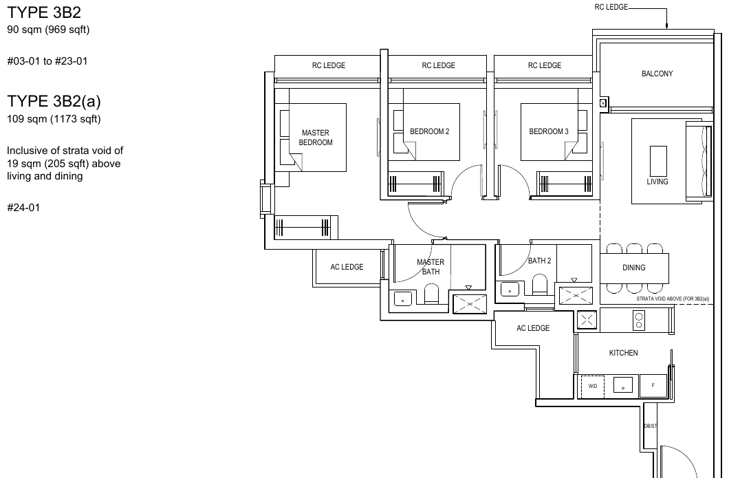 3-Bedroom · Type 3B2 · 969 sqft (3B2(a) 1,173 sqft)